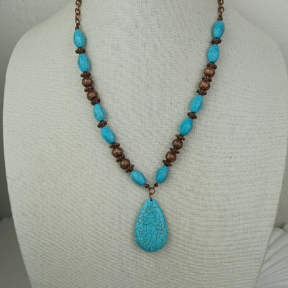 Glass Turquoise & Copper Metal Multi Beaded Statetement Turquoise  Necklace